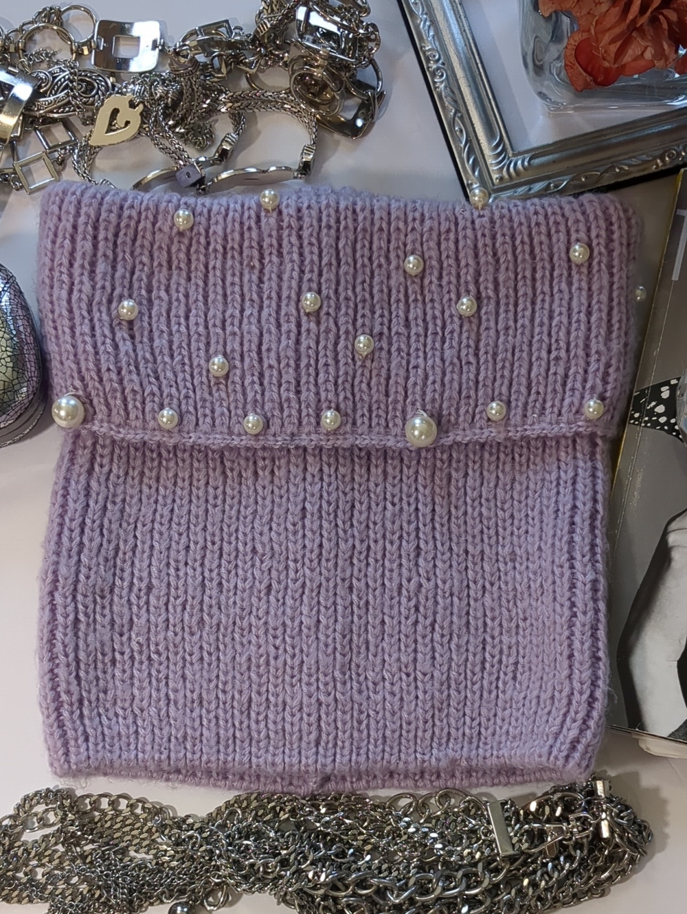 Betsey Johnson Pink Label Y2K Streetwear Feminine Lavender Knit Pearl Tube Top